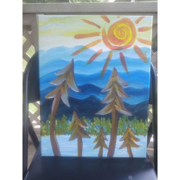 Whimsical Landscape Painting Trees And Mountains 14" x 18" NEW - Picture 1 of 1